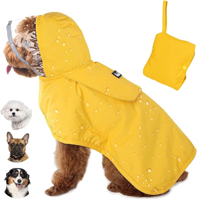 Lukovee Dog Raincoat, Waterproof Rain Jacket, Clear Hood & Reflective Rim | Easy On Off Adjustable Straps, Leash Hole, Soft Mesh Lining, Storage Pocket, Poncho for Small Medium Large Dogs (Yellow, XS)