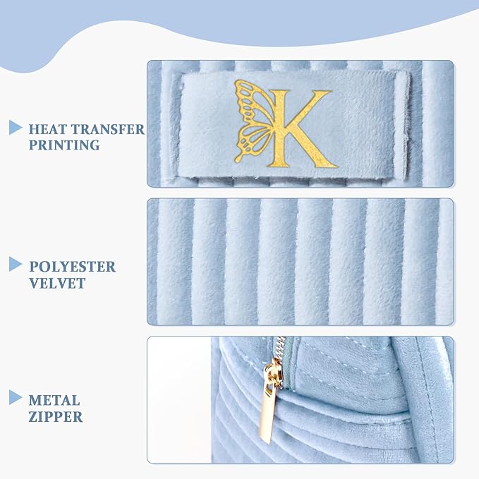 COSHAYSOO Personalized 16th 18th 21st Birthday Gifts for Girls Travel Makeup Bag Quilted Make Up Cosmetic Pouch 16 17 18 19 20 21 Year Old Girl College Dorm Essentials Dusty Blue Initial Letter K