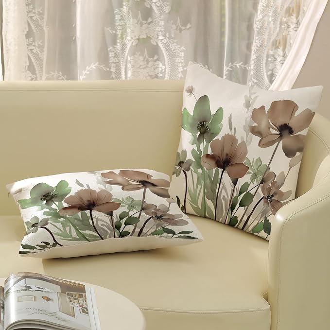 Spring Floral Pillow Covers 18x18 Inches Set of 2 Sage Green Brown Floral Throw Pillow Cover Outdoor Rustic Summer Flower Decoration Pillowcase Farmhouse Decorative Cushion Cover For Sofa Couch