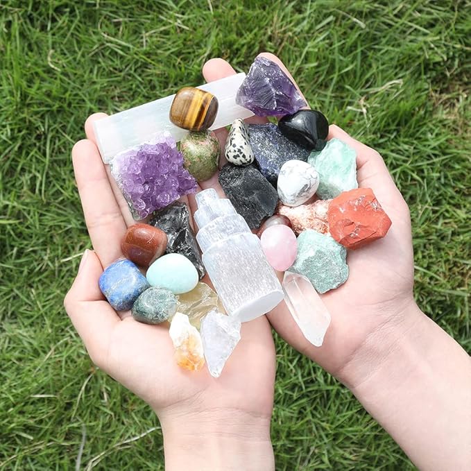 30 PCS Crystals and Stones Set, Natural Raw Healing Crystals and Tumbled Chakra Stones, Premium Protection Crystal Gift Kit Display in Wooden Box with Info Guide, Meditation, Yoga, Home Decor