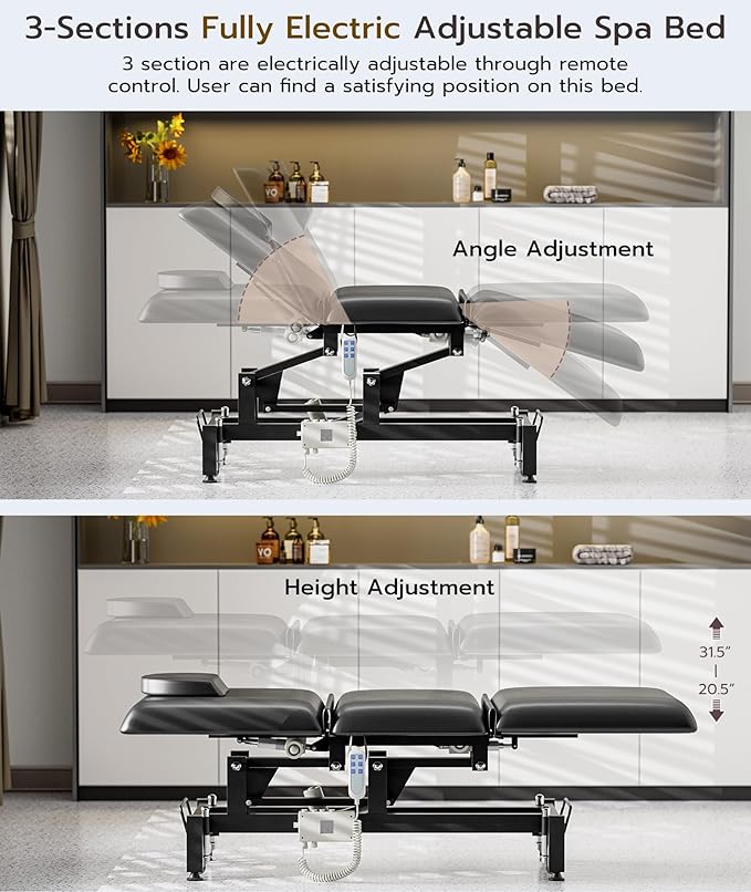 Icoget Fully Electrical Massage Table Bed with Wheels and Stool, 3-Section Adjustable Medical Treatment Table for Clients, Esthetician Facial Beauty Physiacl Therapy Bed for Spa, Exam, Black