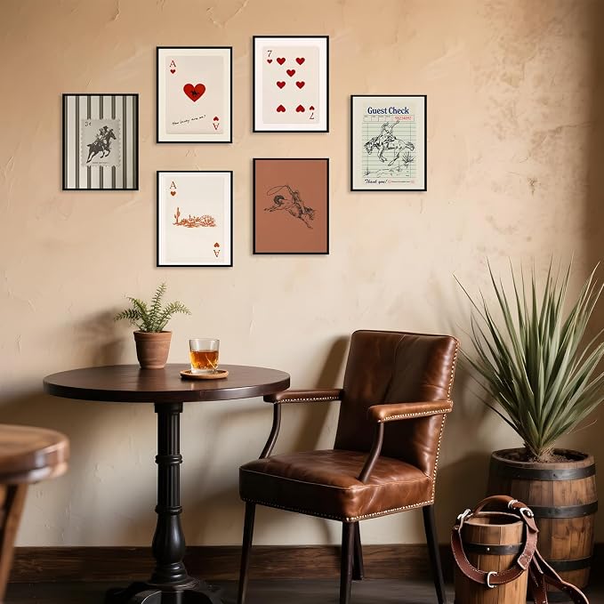 Vintage Western Cowboy Poster Set of 6, Southwestern Wall Art Playing Card Canvas Prints Mid Century Striped Western Wall Decor Paintings for Bedroom Living Room Dorm 8x10 inch Unframed