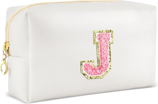 URSKYTOUS Initial Makeup Bag Personalized Preppy Travel Small Cosmetic Bag Cute PU White Chenille Letter Makeup Pouch for Purse Waterproof Zippered Toiletry Organizer for Women Girls Kids Friends (J)
