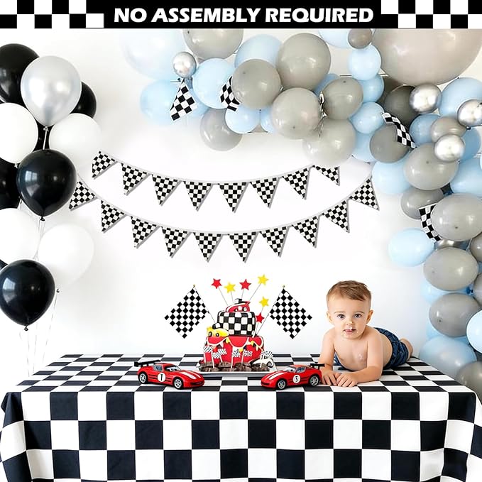 Boys Room Wall Art Decor,Cars Room Decor for Toddler Nursery Playroom, Black and White Checkered Garland Banners,(Set of 2）Racing Flags 11Ft Bunting Flags Fabric for Baby Shower Birthday Party