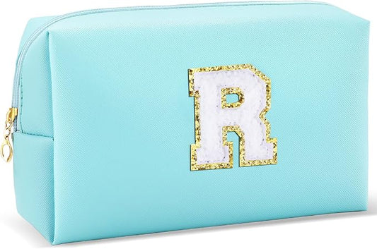URSKYTOUS Gifts for Girls Initial Makeup Bag Personalized Cosmetic Bag with Zipper Cute Travel Toiletry Bag Waterproof PU Preppy Makeup Pouch Birthday Gift for Teen Girls Women(Blue R)