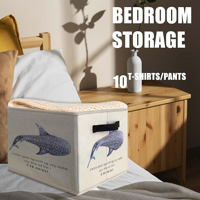 Ocean Whale Shark Christian Storage Bins Basket, Coastal Isaiah 43:2 Bible Verses Collapsible Fabric Storage Box Organizer Toybox for Bedroom Bathroom Clothes Books Toys