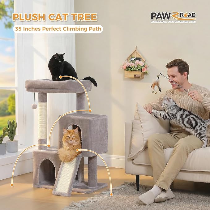 PAWZ Road Cat Tree, 35" Cat Tower with Dual Condos for Indoor Cats,Gray | cat tree tower with enlarged perch, scratching ramp, dual condos and large base for small & adult cats