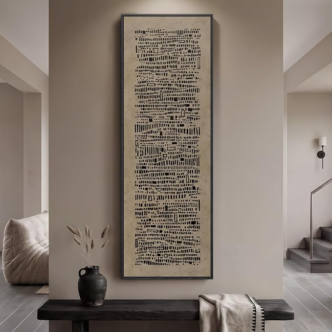 Large Framed Neutral Brown and Black Abstract Wall Art, Long Vertical 20x60 | Wabi Sabi geometric pictures, Canvas prints, Wood frame, Minimalist wall decor for hallway living room bedroom dining room