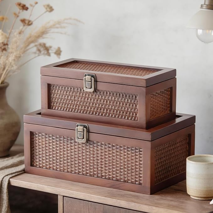Decorative Box, Vintage Memory Box for keepsakes, Rattan Decorative Storage Boxes with Lids Set of 2, Wedding Keepsake Box for Crafts, trinket and Photo, Home Decor