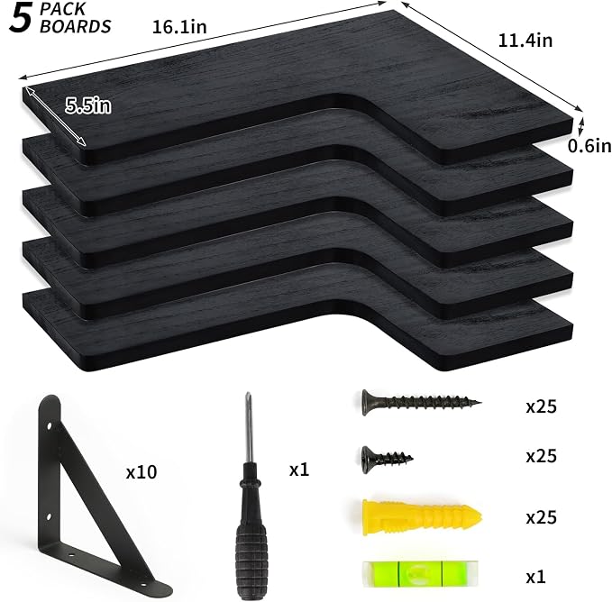 Fixwal Conner Shelves Wall Mounted for Decor, Black Set of 5 | Solid wood shelf with metal brackets, holds 40 lbs. Optimizes corner storage. Fits bathroom, kitchen, bedroom & living room.