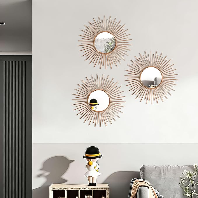3 Pack Metal Mirrors for Wall Sunburst Wall Mirrors Home Décor Decorative Hanging Wall Art for Living Room Bedroom Entryway (Rose Gold2, Sunburst)