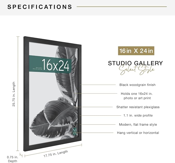 MCS Studio Gallery 16x24 Poster Frame Black Woodgrain Engineered Wood, Vertical & Horizontal Wall Hanging Large Picture Frame for Photos, Posters & Art Prints (1-Pack)