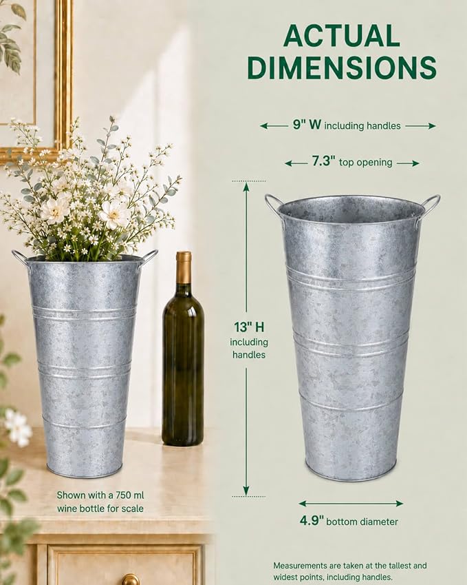 12 Inch Galvanized Metal Vase, 6 Pack Tall Flower Buckets with Handles | Galvanized metal flower buckets with handles, rustic tall vase design for dried flowers, weddings, farmhouse and home decor.