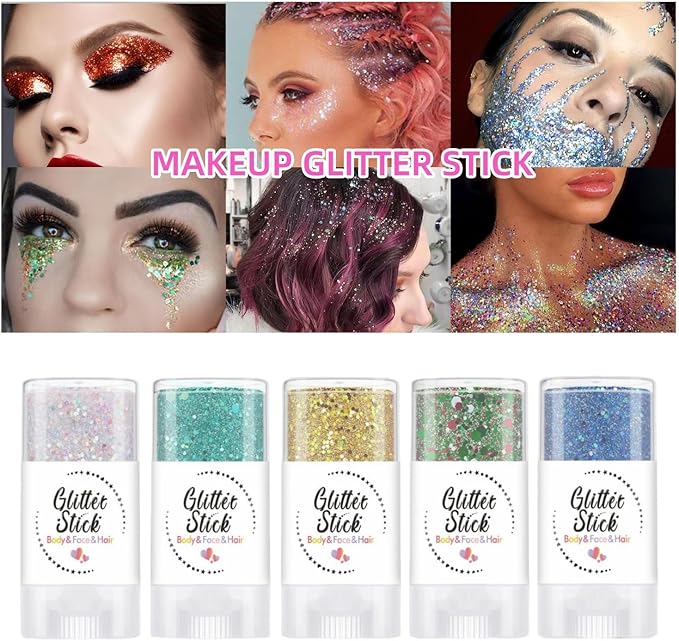 Gold Body Glitter Stick, Holographic Sparkling Neon Sequins for Music Festival Rave Party Outfit Face and Hair Glitter Gel Makeup.