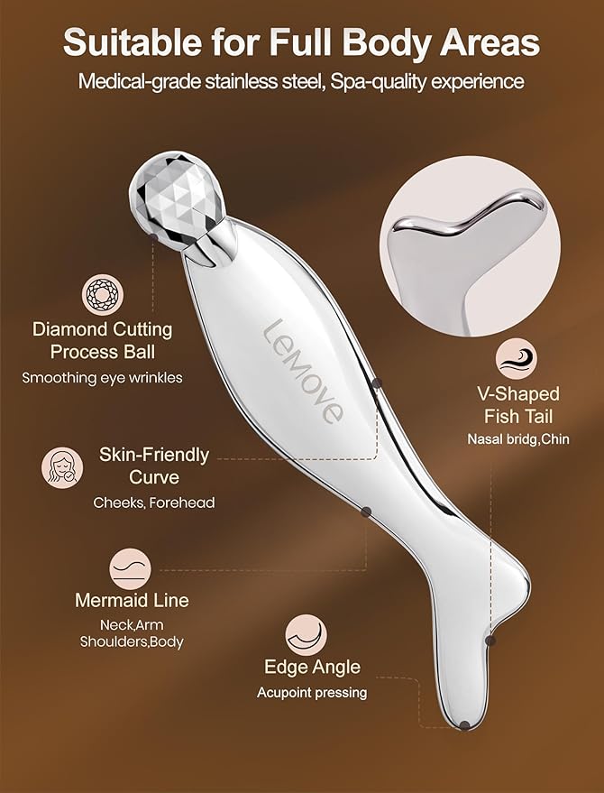 Lemove 4-in-1 Gua Sha Facial Tools, Facial Roller, Skin Care Roller with Stainless Steel, Face Ice Roller to Reduce Puffiness & Eye Strain, Relieved Facial Tension, Gift for Women and Men-Silver