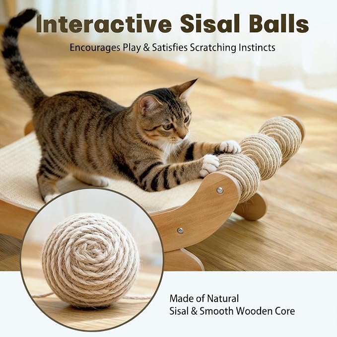 Sisal Cat Scratcher Bed with 3 Ball, Hammock Lounge Indoor Cats | Scratch Pad & Furniture Protector, Modern Wood 3-In-1 Multi-Use for Scratching, Resting & Playing Large Cats Space-Saving