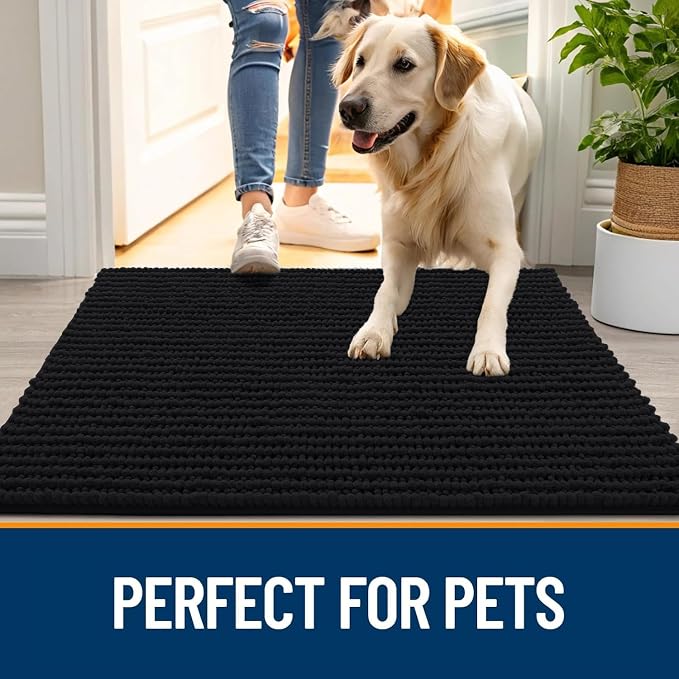 OLANLY Dog Door Mat for Muddy Paws 59x24, Extra Absorbent Chenille Mud Mat | Black, Absorbs Moisture and Dirt, Non-Slip Machine Washable Doormat, Quick-Drying Indoor Entryway Floor Mat for Dogs