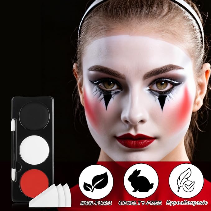 Black White Red Face Paint + 3PC Sponge + Brush,3 Colors Water-Based Red Body Paint Palette Kit for Devil Goths Joker Clown Vampire Skeleton,Halloween Cosplay SFX Makeup 21g