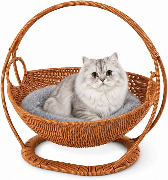 Wicker Cat Bed Elevated Cat Lounger Multifunctional Pet Furniture with Removable Cushion for Indoor Pets