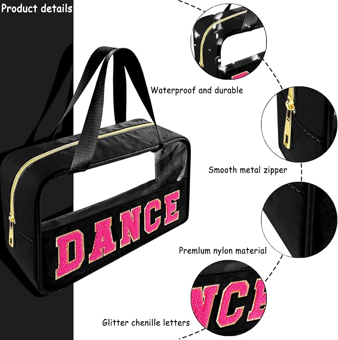 Bunliuys Chenille Letter Clear Makeup Bag Dance Patch, Travel Toiletry Makeup Bag with Handle, Nylon Waterproof Makeup Bags clear cosmetic bag, preppy patch makeup bag for Women (DANCE-Black)