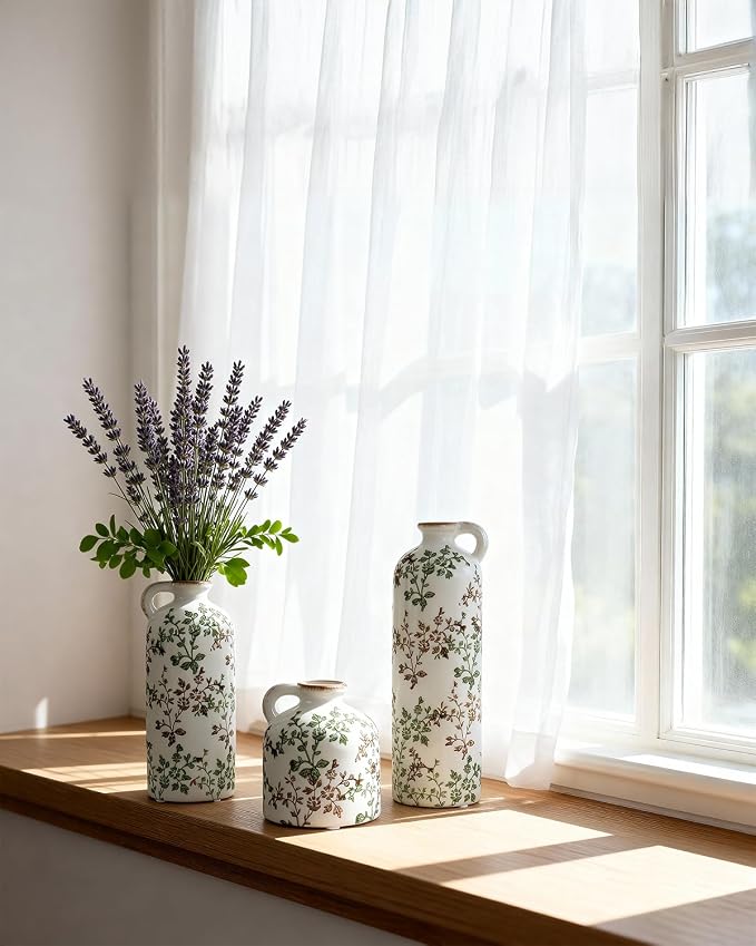 Green Floral Vase Set of 3 with Handles, Vintage Ceramic Jugs for Decor | Crackle glaze finish for farmhouse living rooms, shelves and table displays