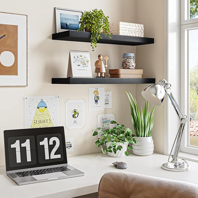 Fixwal Floating Wall Shelves for Decor (Black, Set of 2, 22Inch) | MDF Shelf with Metal Brackets, Space Saving for Books , Decor, Fits Bathroom, Kitchen, Bedroom, or Office