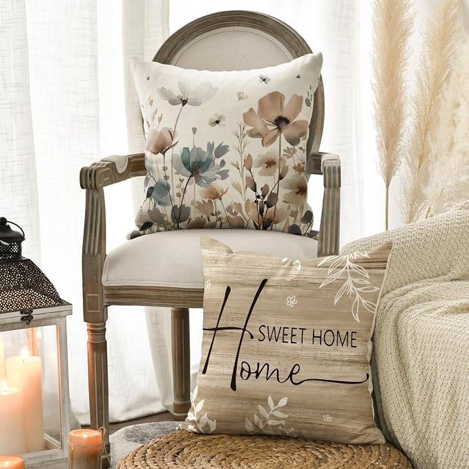 AVOIN colorlife Chinoiserie Poppy Flowers 16x16 Inch Pillow Covers Set of 4 | Chickadee Home Sweet Home Floral Seasonal Autumn Harvest Decoration for Sofa Couch Farmhouse Living Room Decor