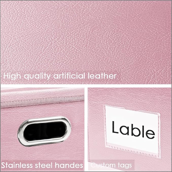 Foldable Storage Bins with Lids [5-Pack] Leather Fabric Collapsible Storage Boxes Organizer Containers Baskets Cube with Cover for Bedroom Closet Office Nursery Pink (14.9x10.8x10)