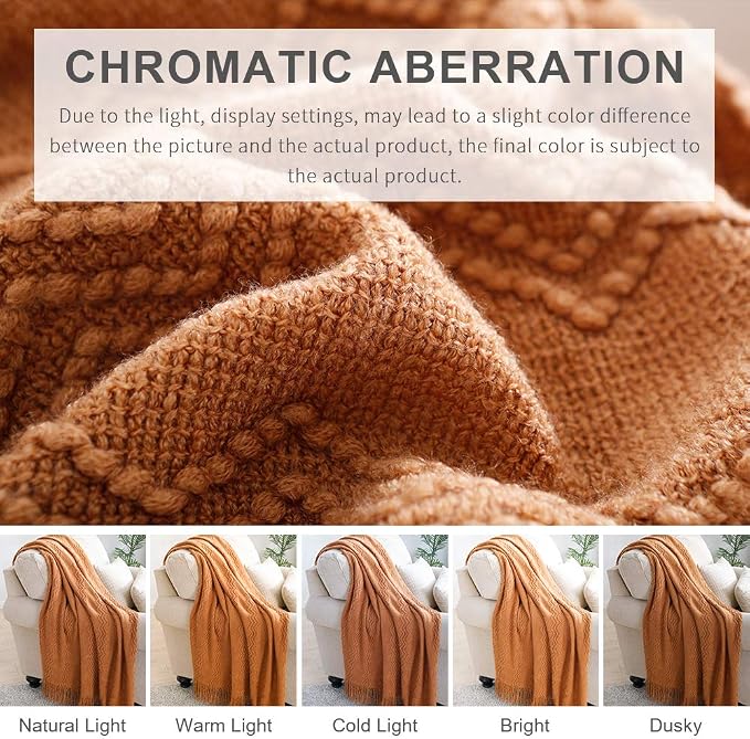 BOURINA Almond Throw Blanket 60x80 Inch Boho Knit Soft Throw Sofa Blanket | Knitted Throw Blanket 60x80 Inches, Soft Lightweight Boho Weave Throw Decorative Couch Blanket for Living Room Bedroom Chair