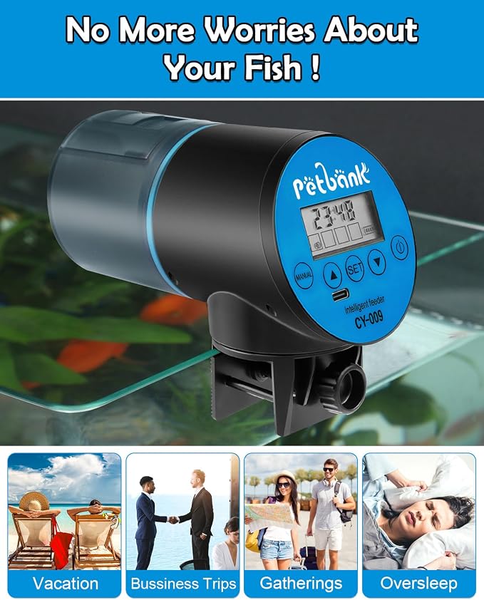 Automatic Fish Feeder for Aquarium Easy Setup & 4 Timers Blue | 200ML Rechargeable Auto Food Dispenser for Flakes & Pellets, LCD Display, Vacation Feeding for Small Tank Betta Koi Turtle