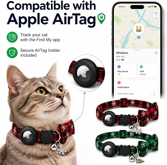 Cat Collar Breakaway 2packs, Reflective Kitten Collar with Apple Air Tag Holder and Bell for Girl Boy Cats, 0.4 Inches in Width and Lightweight (Red and Green)