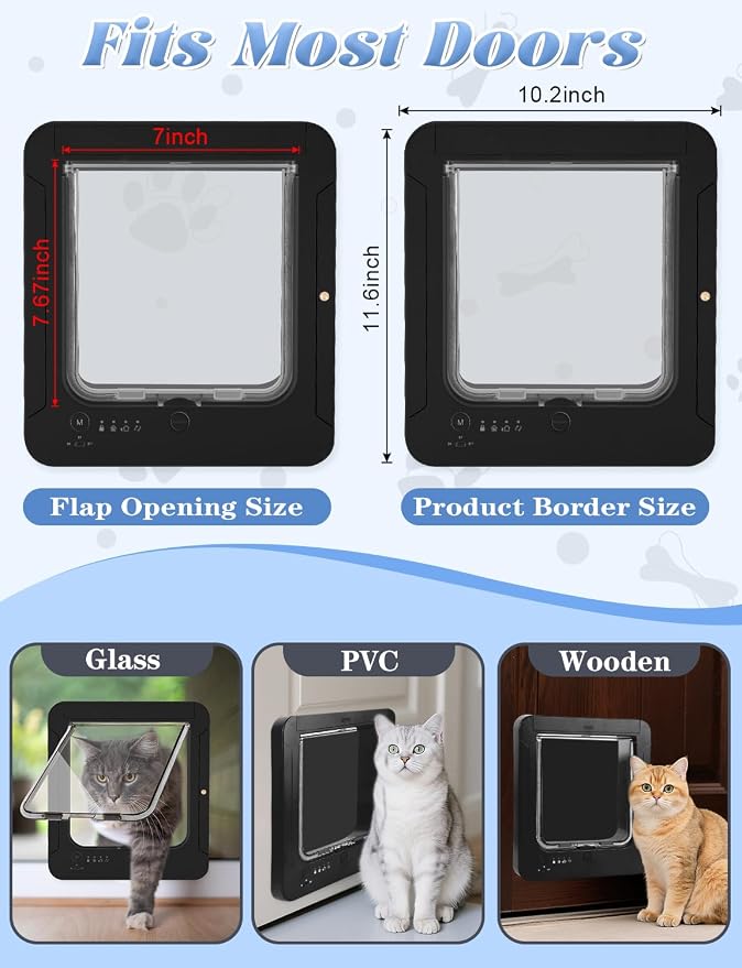 Smart Cat Door with 3 Collar Sensor Key, RFID Cat Door Collar Activated with Remote Control, 4 Way Locking Cat Flap Automatic Pet Door Interior & Exterior, Flap Opening is 7.67’’ (H) by 7'' (W)