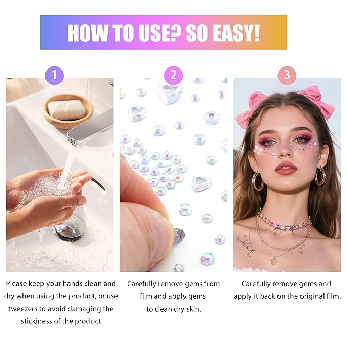 SAOROPEB 5 Sheets Face Gems Face Jewels Stickers, Self Adhesive Eye Body Face Nail Crystal Rhinestones Rainbow for Women Festival Accessory and Nail Art Decorations