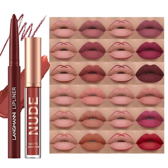 LANGMANNI 4pcs Matte Lipstick with Lipliners Durable Makeup Set,Long-Lasting Non-Stick Cup Not Fade Waterproof Pigmented Velvet Lipgloss Kit Beauty Cosmetics Makeup Gift for Girls(#9+10+11+12)
