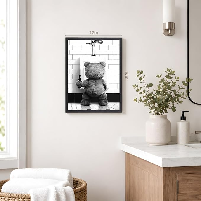 VziizV Funny Bear Bathroom Wall Art, Teddy Bear with Beer Canvas Print, Humorous Black and White Animal Decor, Farmhouse Restroom Artwork for Living Room Bathroom Bedroom Wood Framed 16x24 Inch