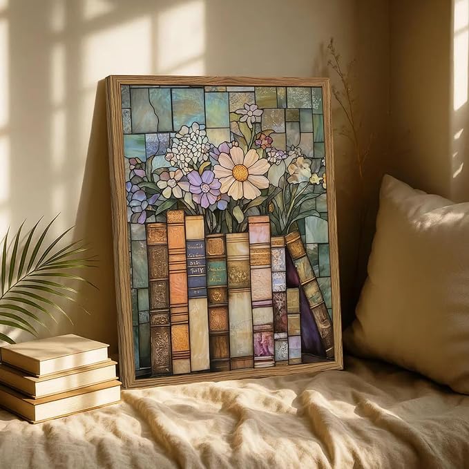 YYNISPIN Vintage Book Wildflower Wall Art Moody Stained Glass Book Lover Wall Decor Painting, Whimsical Reading Nook Library Poster Canvas Prints for Cottage Bedroom Living Room 16x24 inch Frame