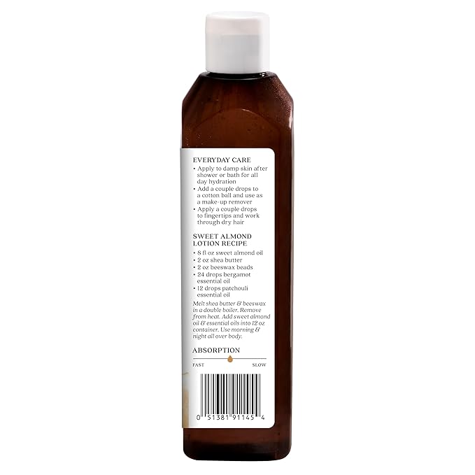 Aura Cacia Sweet Almond Skin Care Oil, 16-Ounce, Natural Source of Skin-Nourishing Fatty Acids & Lipids, No Paraben