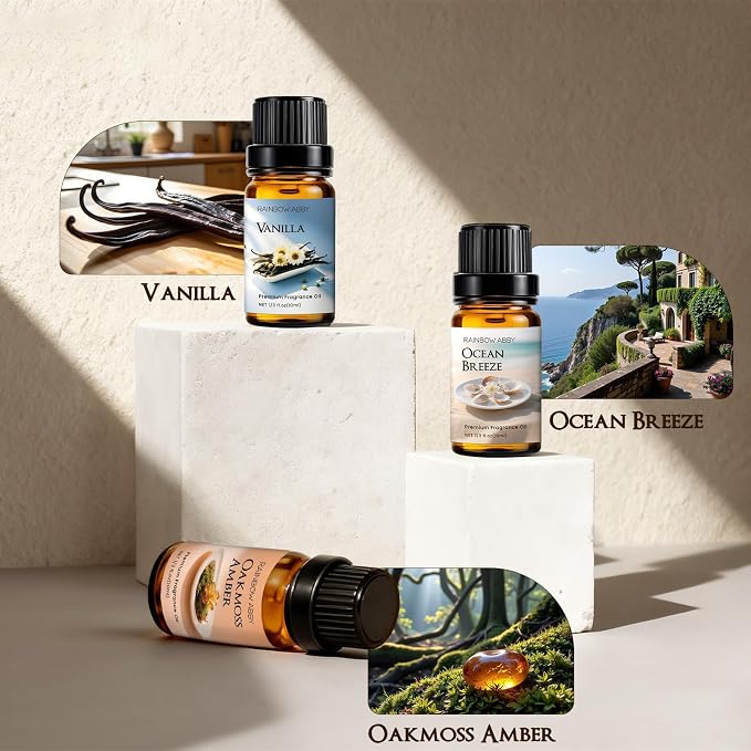RAINBOW ABBY Tranquil Fragrance Oil Set, Bourbon Vanilla, Cucumber Melon, Lavender, Oakmoss Amber, Bamboo, and Ocean Breeze Candle Scents for Candle Making, Soap Making, Diffuser Oil Scents