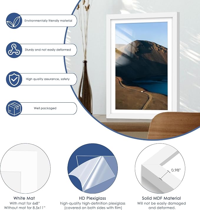 12x18 Picture Frame Set of 6, Wall Mount Display, White | Display Pictures 11x17 with Mat or 12x18 Without Mat, Horizontal or Vertical, Gallery Wall Frame Set, Wedding Birthday Gifts