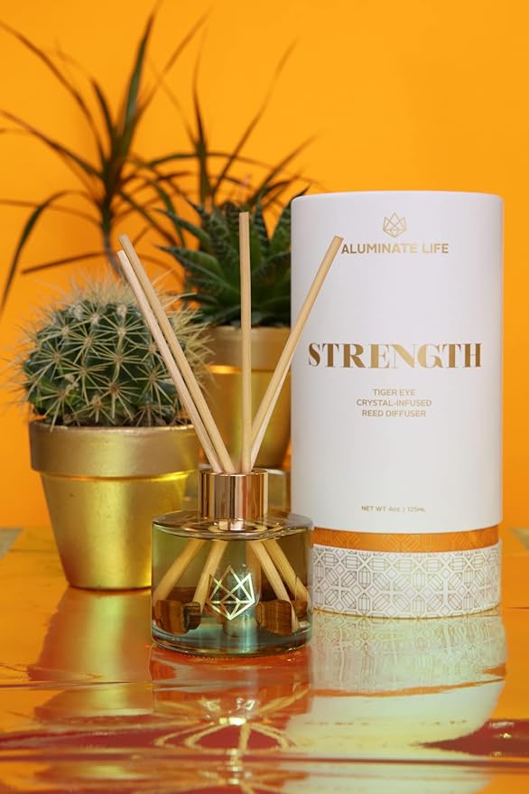 Crystal Infused Reed Diffuser, 4 OZ, Strength - Tiger Eye Crystal Infused - Scents of Cedarwood, Amber, & Sage - Home Decor, House Warming, Room, Stick Perfume, Shelf or Coffee Table