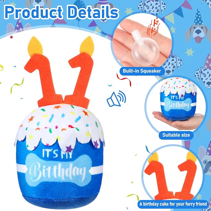 Dansydaisy Dog Birthday Cake Toy Squeaky Plush Gift,11th,Blue