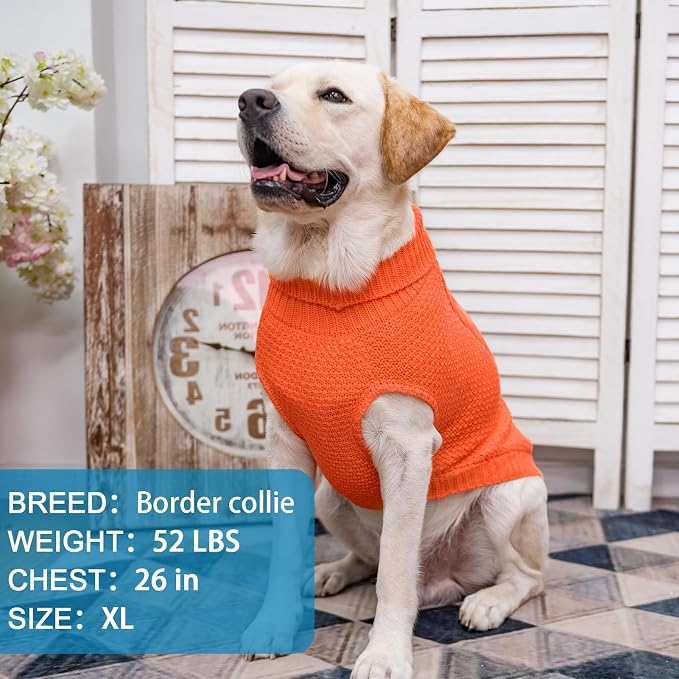 Mihachi Turtleneck Dog Sweater - Winter Coat Apparel Classic Cable Knit Clothes with Leash Hole for Cold Weather, Ideal Gift for Pet in New Year Orange, Medium/Large