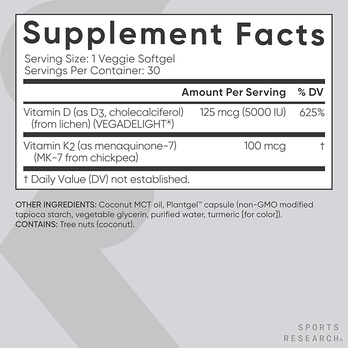 Sports Research® Vitamin D3 + K2 w/Coconut Oil - Vegan Vitamin D 5000iu (125mcg) & Mk7 Vitamin K 100mcg for Bone & Immune Support - Vegan Certified · Non-GMO · Soy Free - 30 Softgels