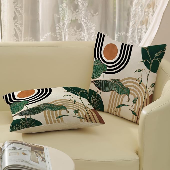 Boho Green Pillow Covers 18x18 Set of 2 Green Gold Leaf Tropical Mid Century Throw Pillows Outdoor Bohemian Modern Decorative Pillowcase Farmhouse Linen Cushion Case for Couch Sofa Decor