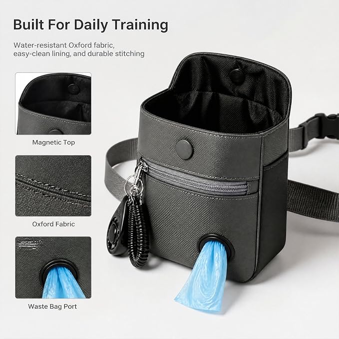 Dog Treat Pouch and Dog Training Clicker, Waterproof Dog Training Treat Bag with Magnetic Closure, Poop Bag Dispenser, Adjustable Waist Belt and Shoulder Strap