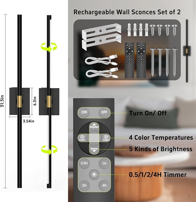 Battery Operated Wall Sconces Set of 2, 10000mAh, Black | Detachable rechargeable battery, 31.5" wireless lighting for TV wall mirror bedroom or living room decor