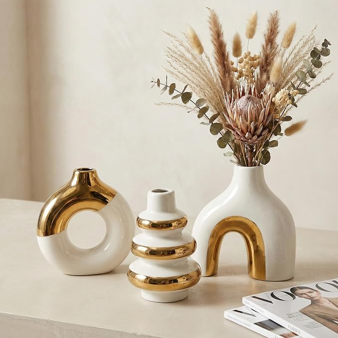 White and Gold Ceramic Vase Set of 3, Flower Vases for Pampas Grass | Modern Boho Vase for Decor, Decorative Vases Centerpieces for Wedding Living Room Bedroom Coffee Table Dinner Table
