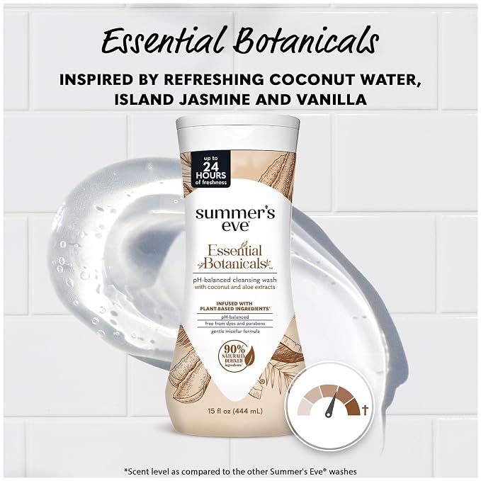 Summer's Eve Essential Botanicals Daily Feminine Wash, Coconut Aloe, Gentle pH-Balanced Body Wash for Women, Feminine Care to Remove Vaginal Odor, Gynecologist Tested, 15 fl oz (Pack of 2)