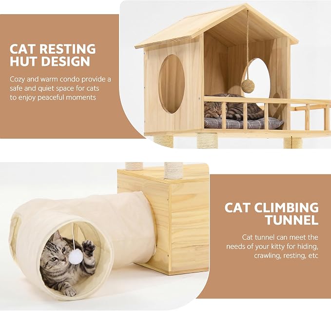 Wood Cat Tree with 2 Tunnels, 61''H Cat Tower for Adult Large Cats | Sturdy & Durable Pet Climbing Systems for Indoor, Multi-Level Wooden Tower with Scratching Posts, Runway, Burlywood