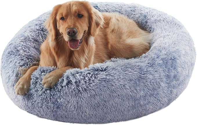 36 inches Faux Fur Fluffy Donut Dog Bed for Large Dogs,Dark Blue | Calming Plush Round Pet Bed with Removable & Washable Cover,Fits up to 80 lbs Pets